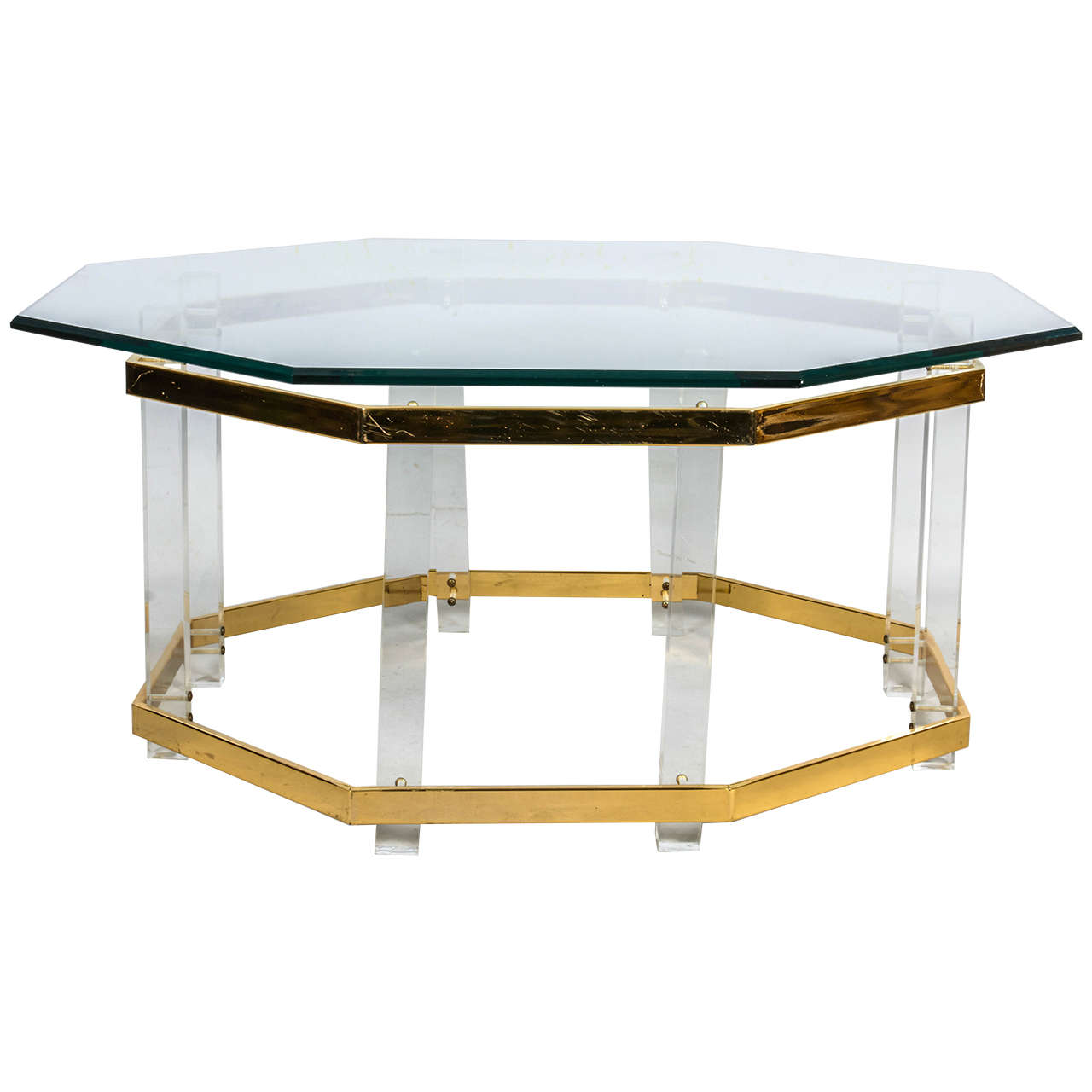Lucite and Brass Coffee Table For Sale