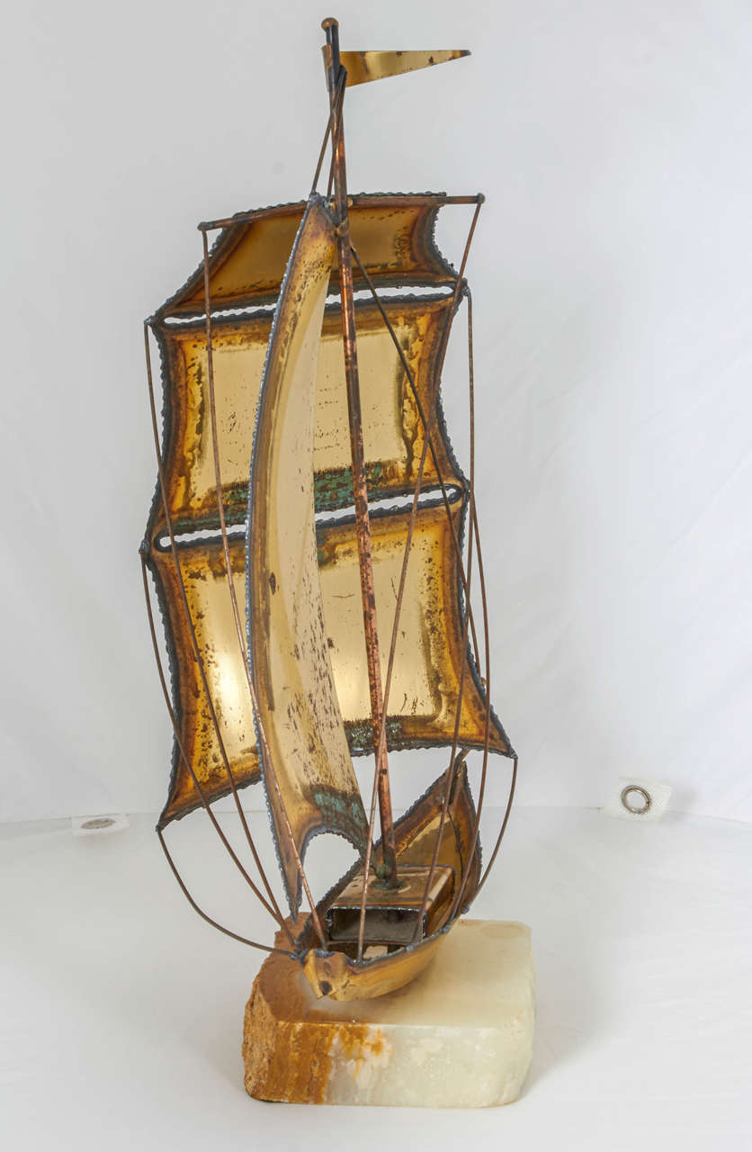 Charming Torch Cut Brass Sailboat Sculpture In Good Condition For Sale In New York, NY