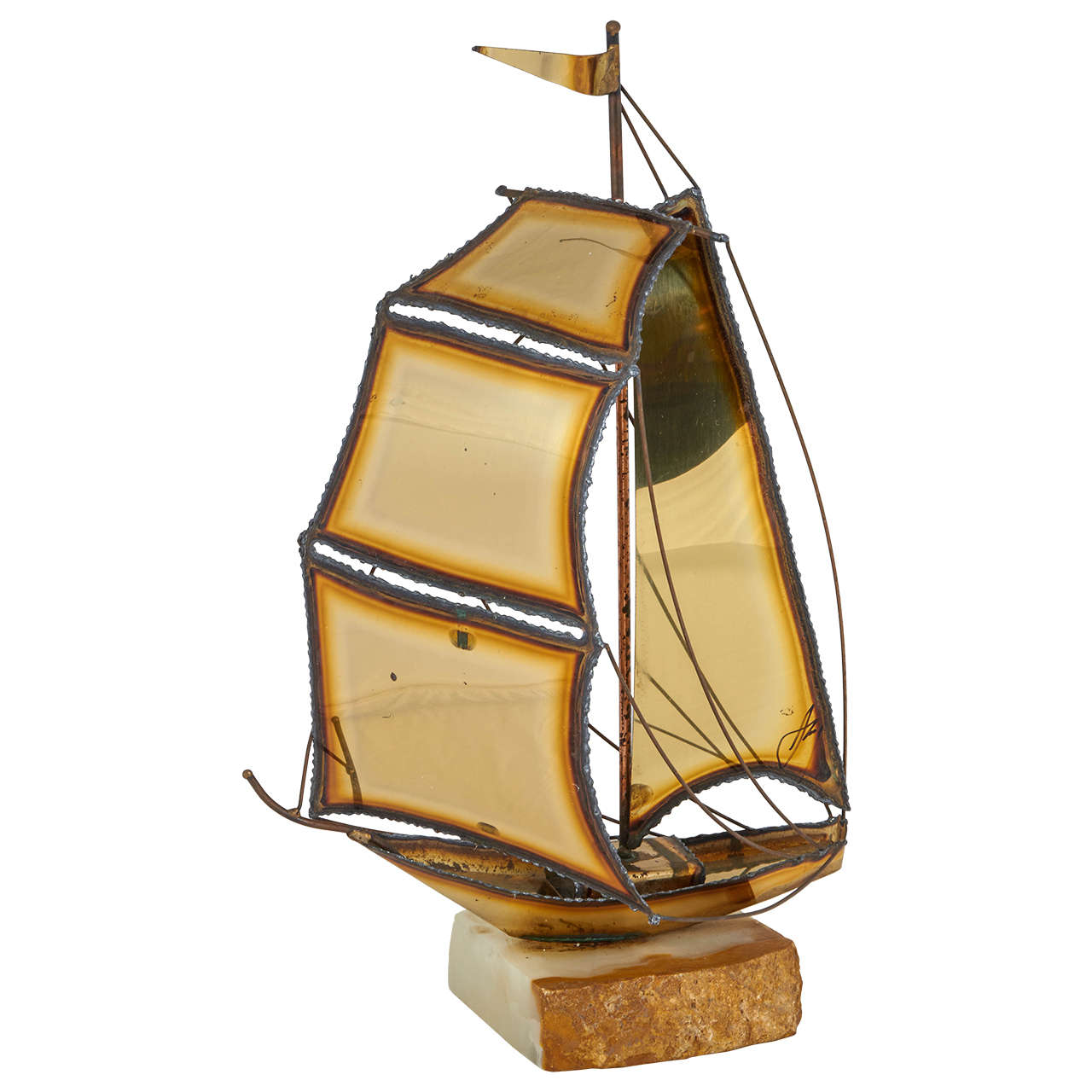 Charming Torch Cut Brass Sailboat Sculpture For Sale