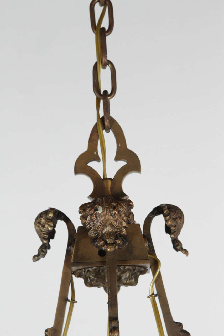 Neo-Gothic Bronze Pendant with Opaque Shades In Excellent Condition For Sale In Los Angeles, CA