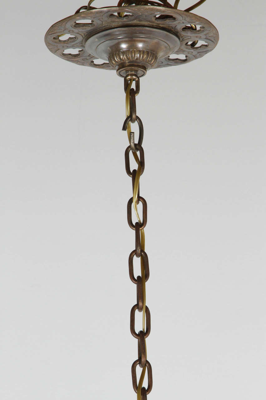Early 20th Century Neo-Gothic Bronze Pendant with Opaque Shades For Sale