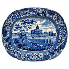 "Boston State House" Blue Transfer and White Staforshire Platter, c-1820