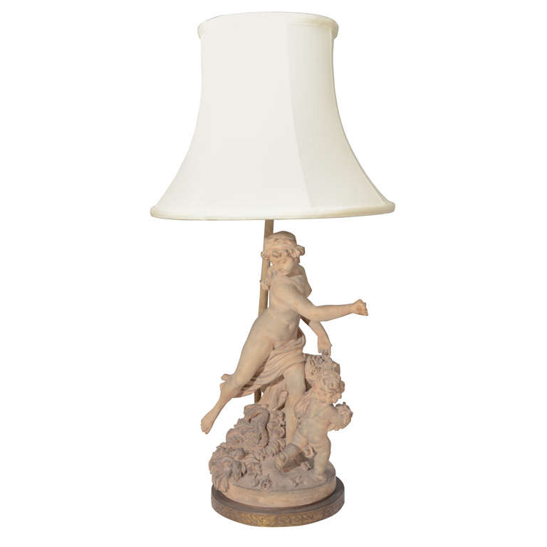 19th Century French Terracotta Figural Group Mounted as a Lamp For Sale