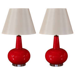 Pair of Red Cased Mid-Century Glass Table Lamps