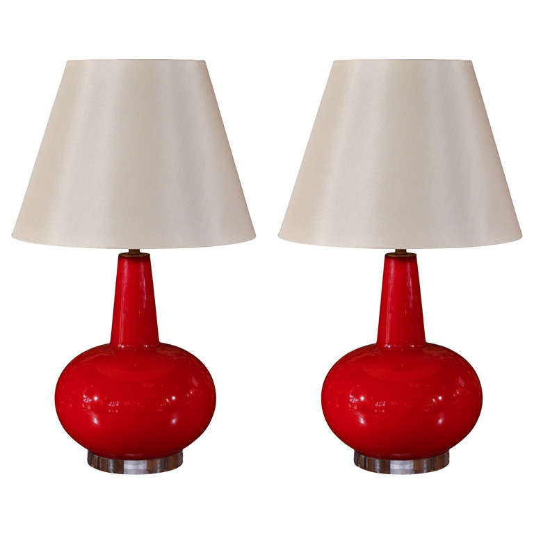 Pair of Red Cased Mid-Century Glass Table Lamps at 1stdibs