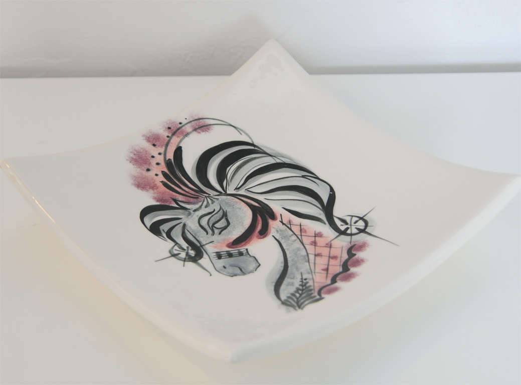 A pretty Picasso's touch can be seeing on the drawing. Handpainted and signed concave square platter. Beautiful pink, grey and black tones adorn the painted horse.