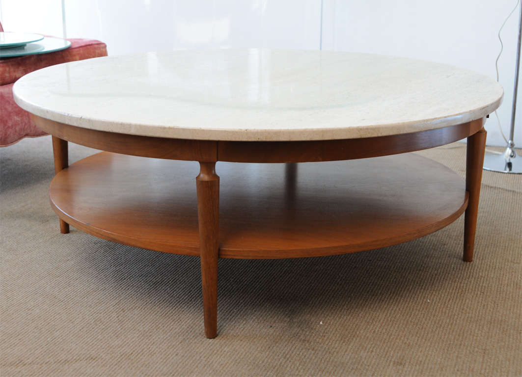 MidCentury Italian Travertine Marble and Teak Coffee Table at 1stdibs