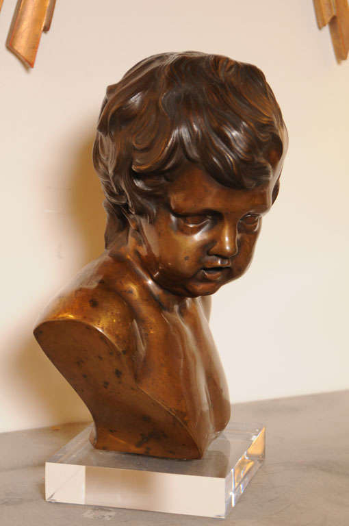 French Bronze Bust on Lucite Base by Duquesnoy In Good Condition For Sale In West Palm Beach, FL