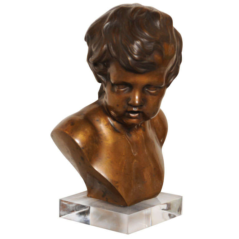 French Bronze Bust on Lucite Base by Duquesnoy For Sale