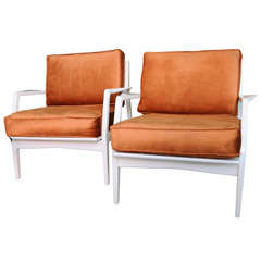 Pair of Mid-Century White Lacquered Bowed Arm Chairs