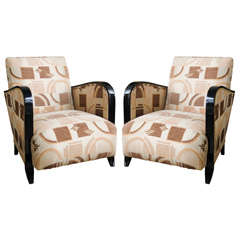Pair French Art Deco Black Lacquered Club Chairs