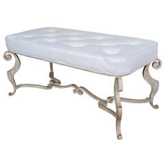 Mid Century Modern Ornate Iron White Leather Bench