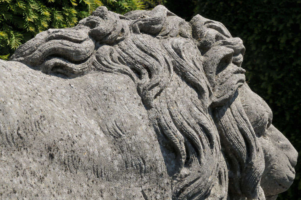 A lareg pair of French sculpted limestone models of lions on plinths 3