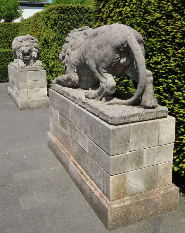 A lareg pair of French sculpted limestone models of lions on plinths 5