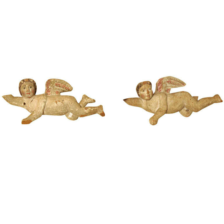 Pair of Italian Painted Cherubs with Wreath at 1stDibs