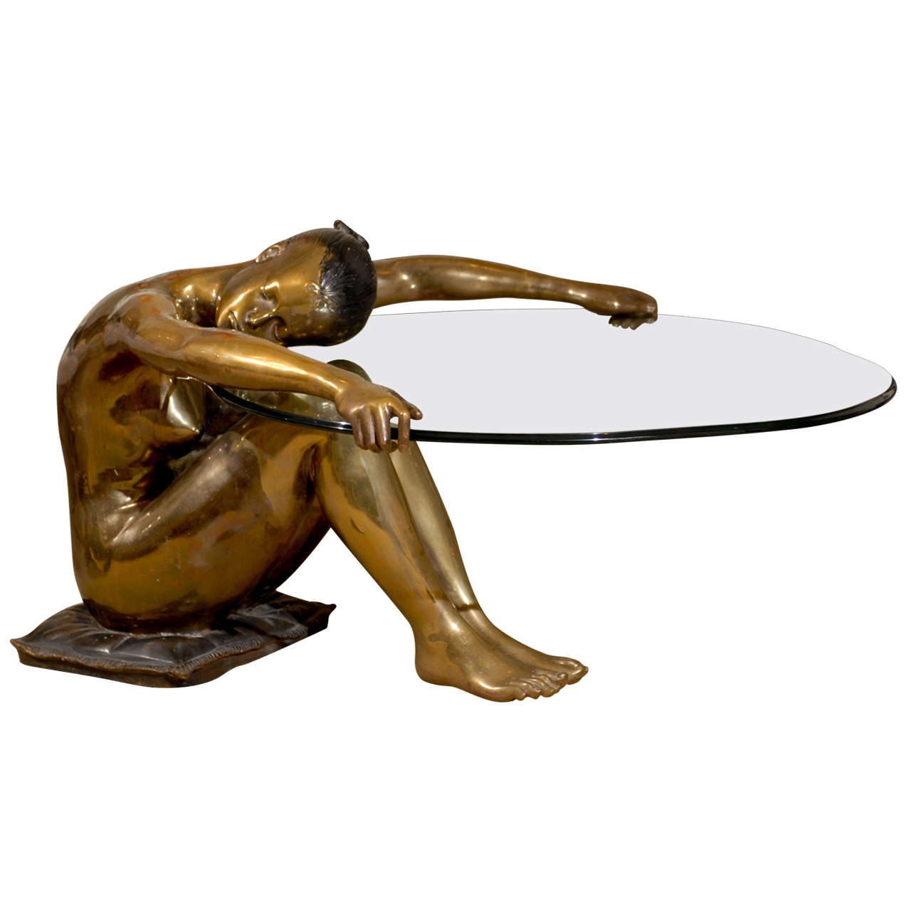 Exceptionnelle table basse vintage sculptée d'une femme nue