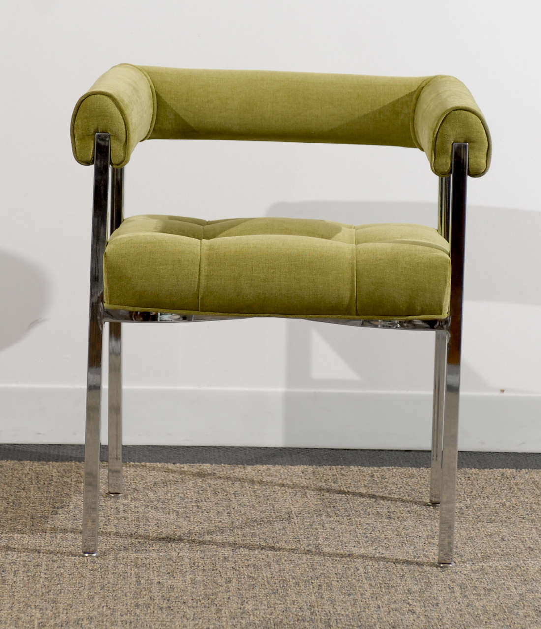 Beautiful Milo Baughman Style Chrome Armchairs in Lime Chenille For Sale 3
