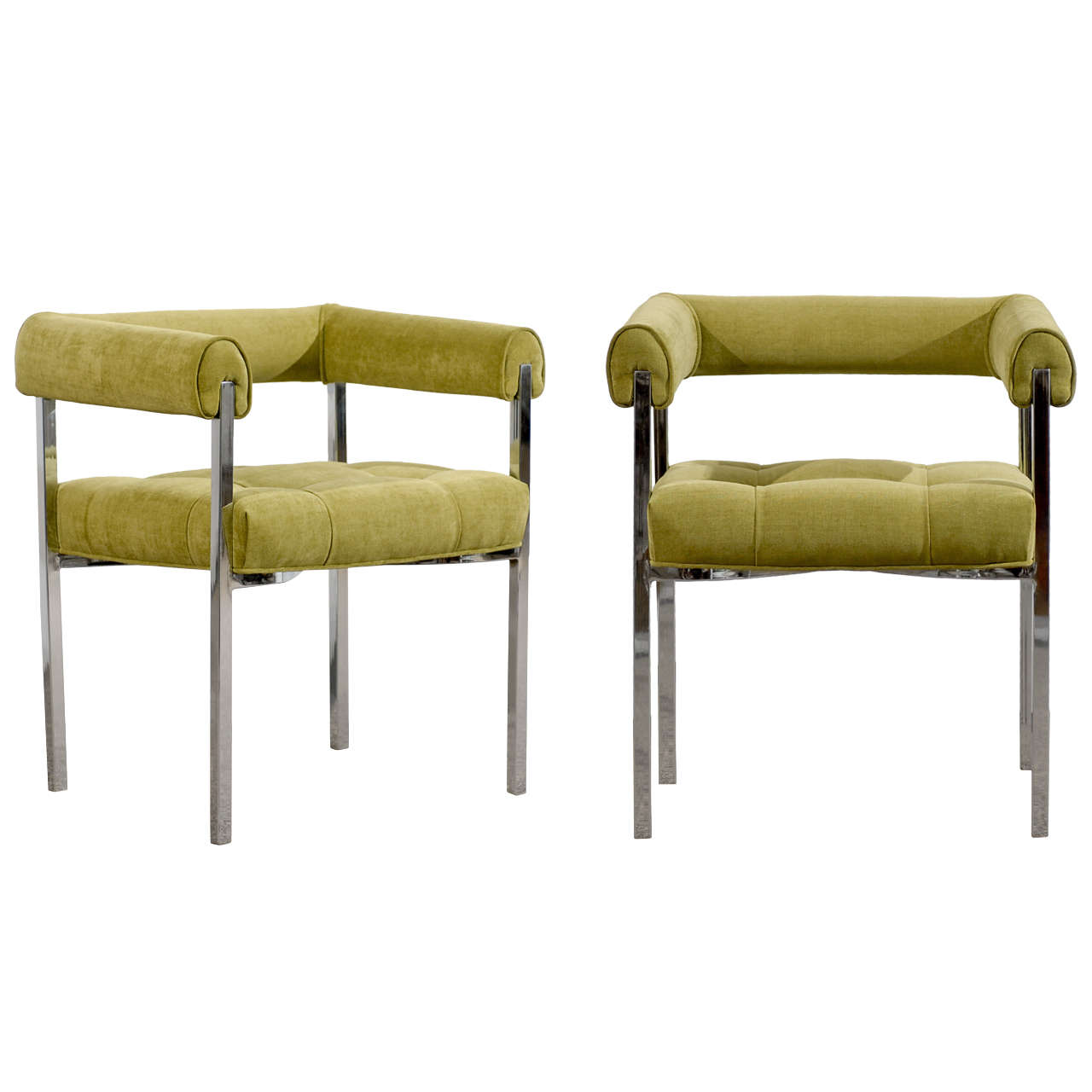 Beautiful Milo Baughman Style Chrome Armchairs in Lime Chenille For Sale