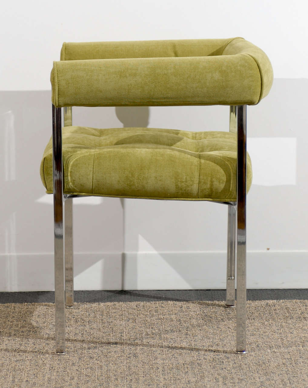American Beautiful Milo Baughman Style Chrome Armchairs in Lime Chenille For Sale