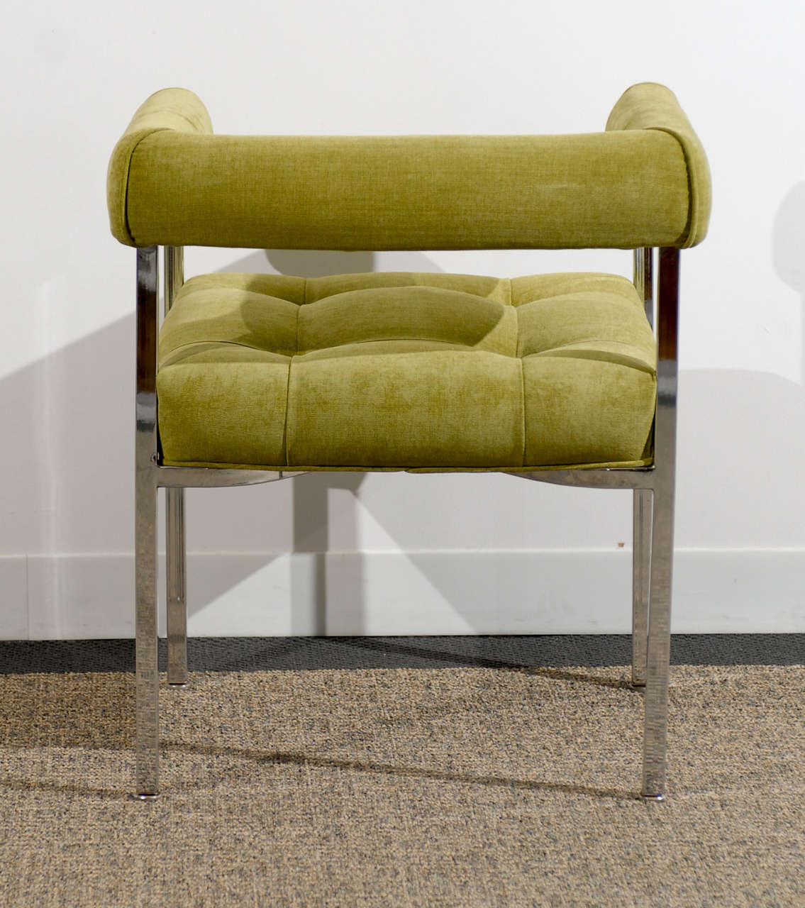 Beautiful Milo Baughman Style Chrome Armchairs in Lime Chenille In Excellent Condition For Sale In Atlanta, GA