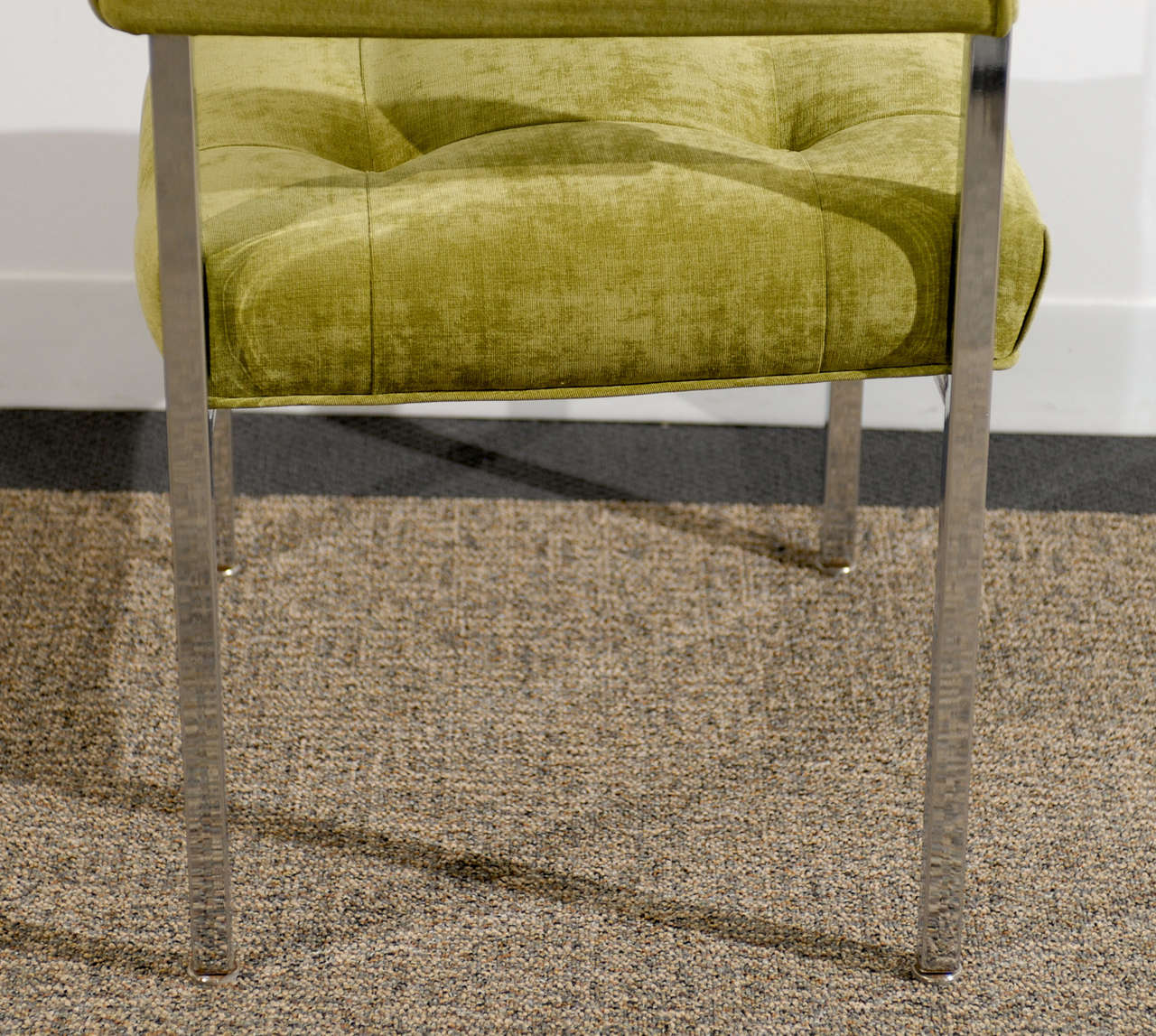 Beautiful Milo Baughman Style Chrome Armchairs in Lime Chenille For Sale 2