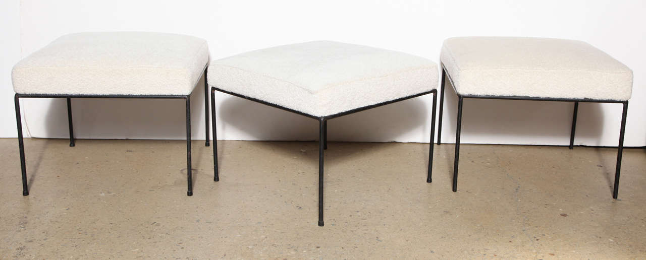 3 classic square Modernist Paul McCobb for Directional Black Cast Iron Ottomans, Low Stools or Benches.  On open Black Wrought Iron frame with Hairpin legs and comfortable, newly upholstered Off White Chenille fabric.  
Great accent pieces for end