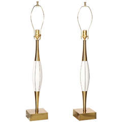 Monumental Pair of Stiffel White Wood Table Lamps with Brass & Black Line Detail 6