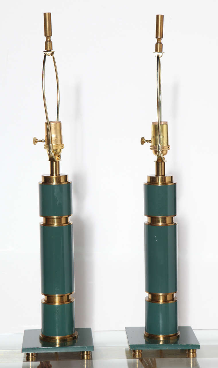 Hollywood Regency Pair Walter Von Nessen Style Stacked Brass & Teal Enamel Table Lamps, 1940s 