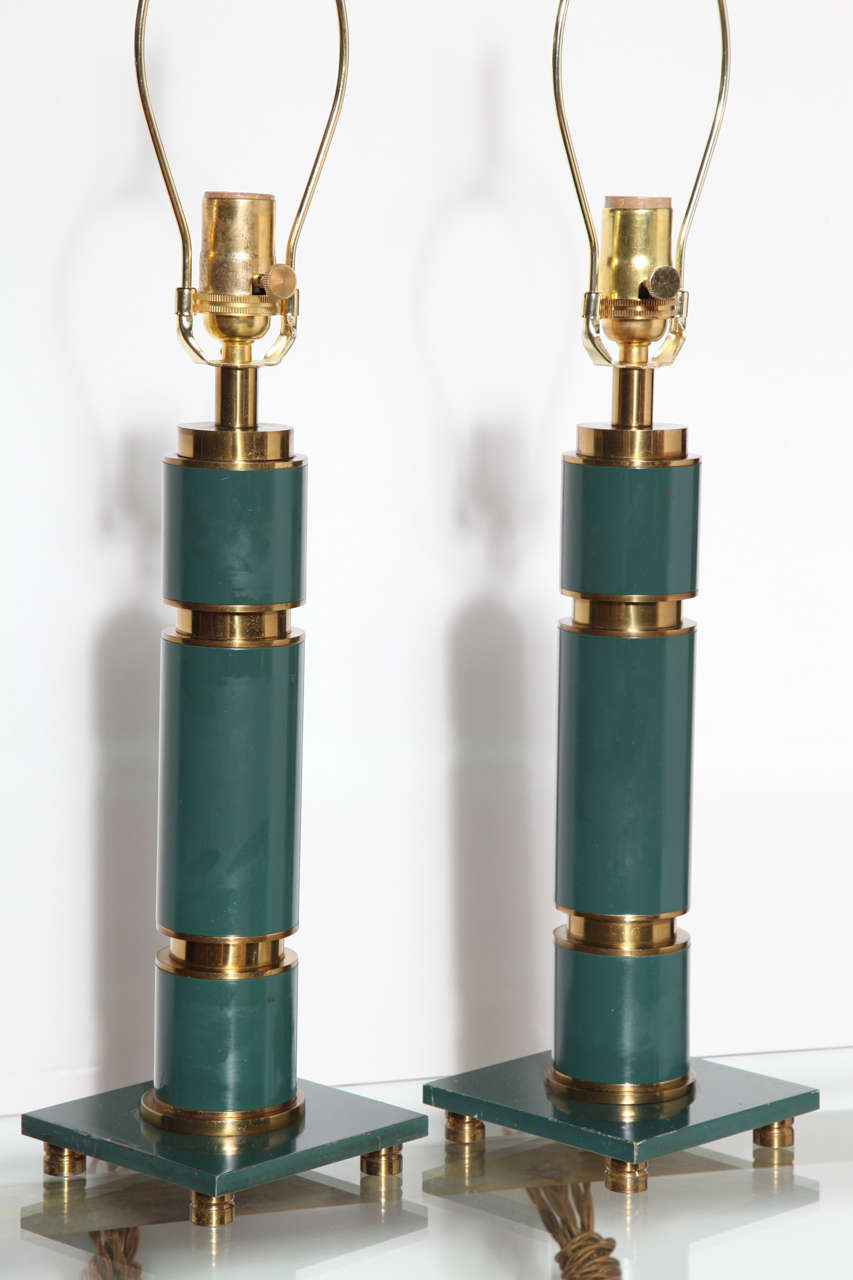 American Pair Walter Von Nessen Style Stacked Brass & Teal Enamel Table Lamps, 1940s 