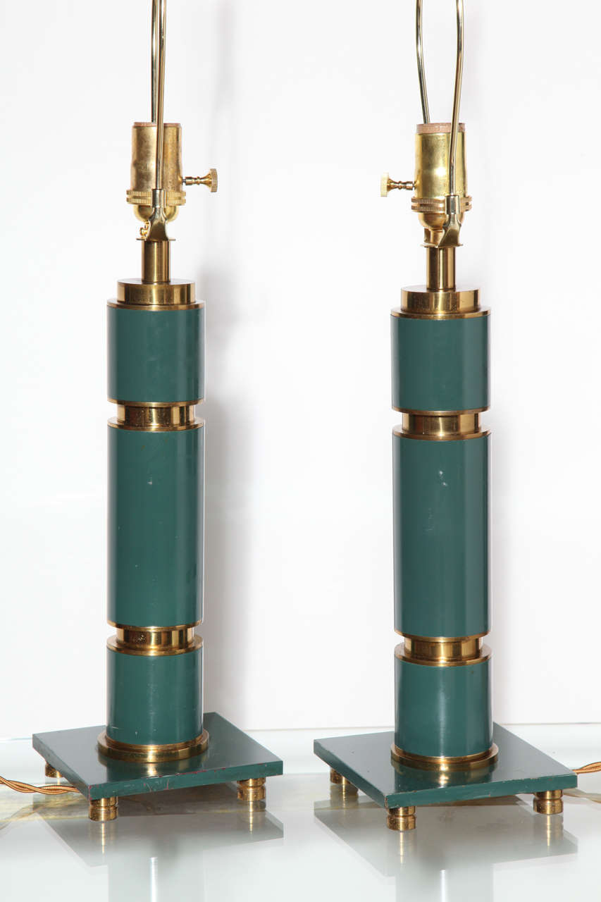 Pair Walter Von Nessen Style Stacked Brass & Teal Enamel Table Lamps, 1940s  2