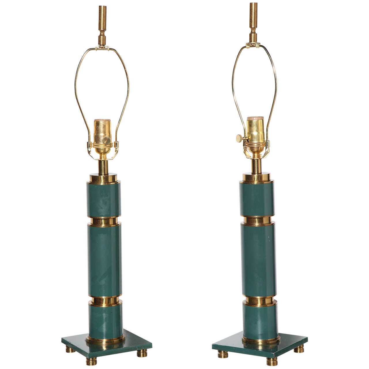 Pair Walter Von Nessen Style Stacked Brass & Teal Enamel Table Lamps, 1940s 