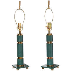 Pair of 1940's Walter Von Nessen Style Brass and Enameled Teal Lamps 11