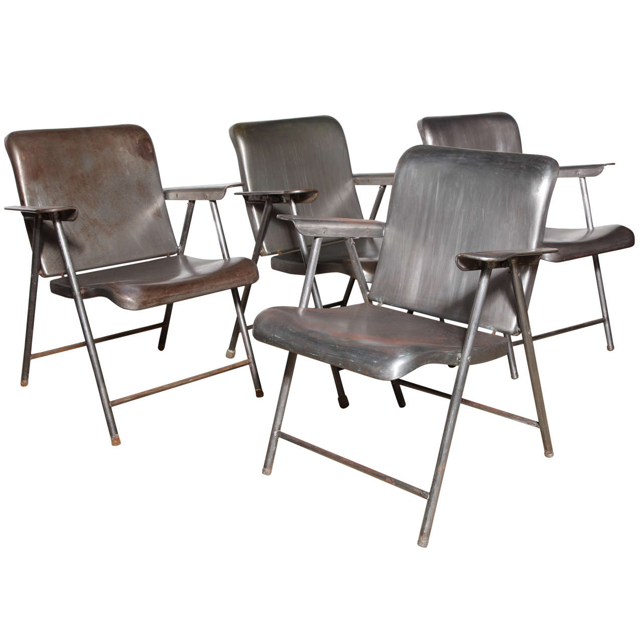 Set Of Four Russel Wright Folding Steel Arm Chairs Late 1940 S