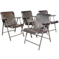 Set of Four Russel Wright Folding Steel Arm Chairs, Late 1940's 