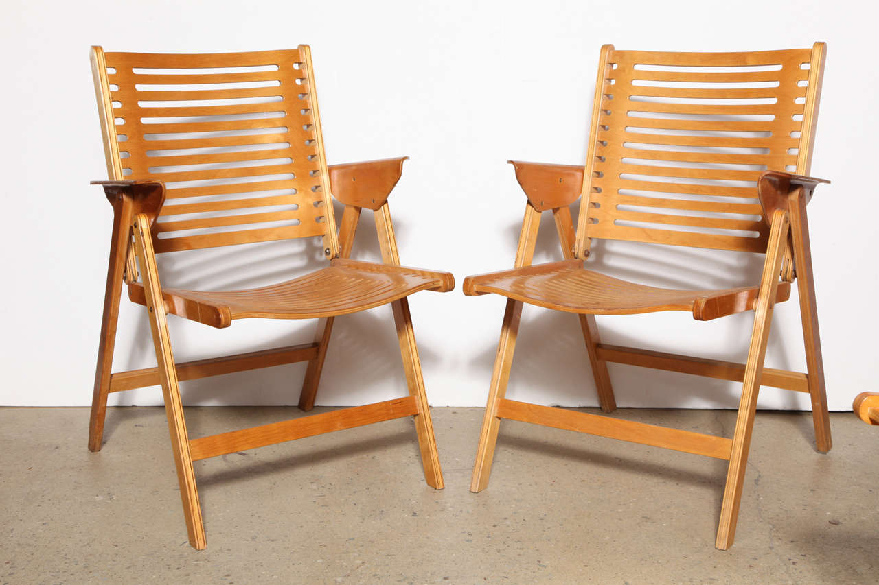 4 vintage Niko Kralj Rex folding Arm Chair Stol 120 molded (plywood) Beech bentwood folding Chairs. Minimalist design with contoured back with cutouts.  Designed in 1952.  In collection of Museum of Modern Art.  4
