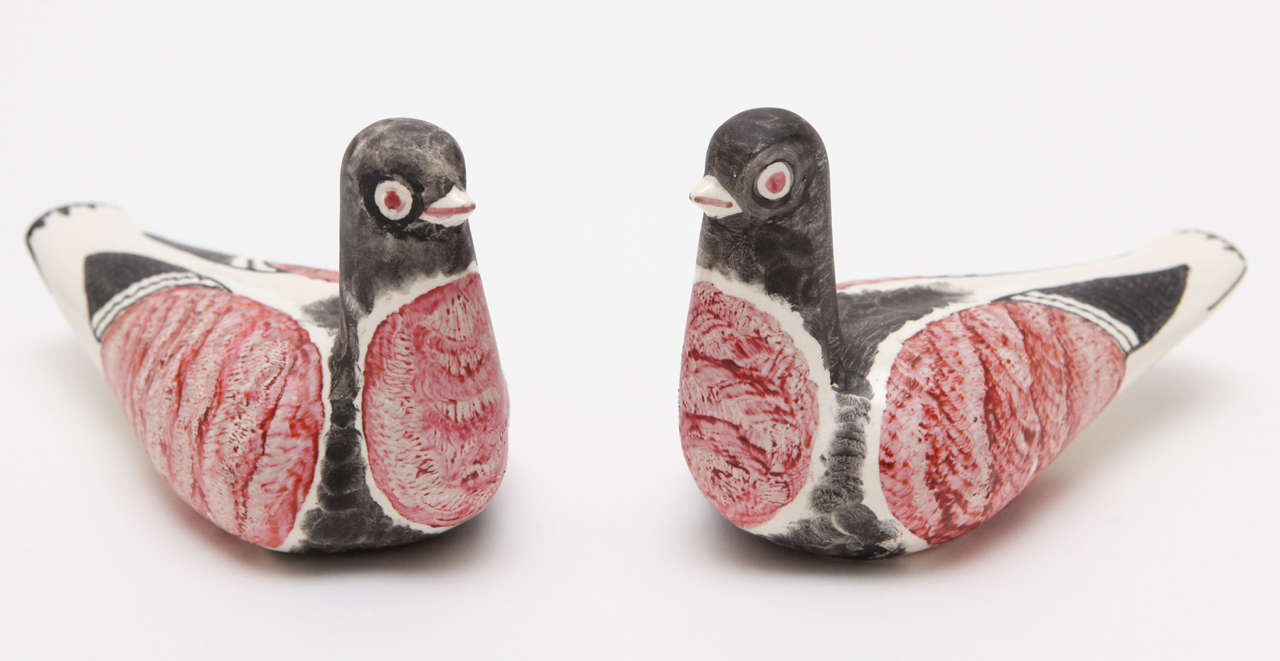 A fun pair of glazed ceramic pigeons by Yolande Gregory, wife of renowned ceramicist Waylande Gregory, who occasionally did some ceramic work herself and who exhibited two pieces of her work at the 1946 Ceramic National at the Everson Museum in