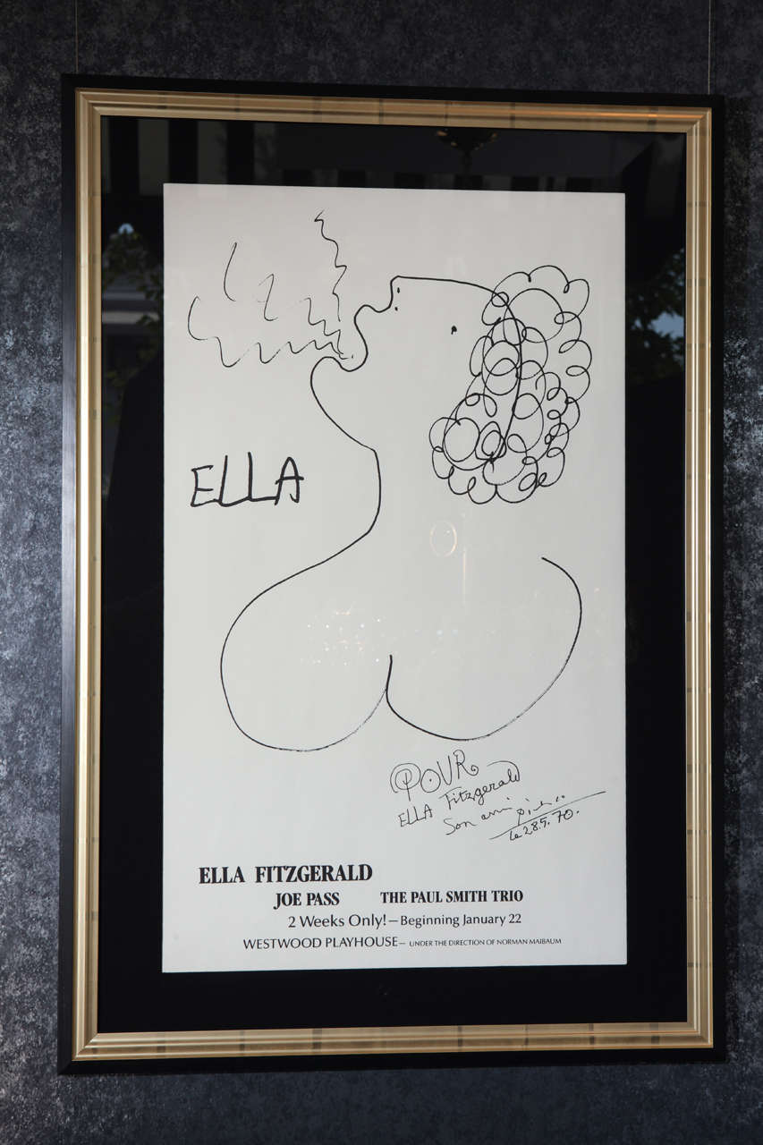A concert lithograph for Ella Fitzgerald, Joe Pass and The Paul Smith Trio, featuring a 1970 sketch of the singer by Pablo Picasso. Signed in the stone 