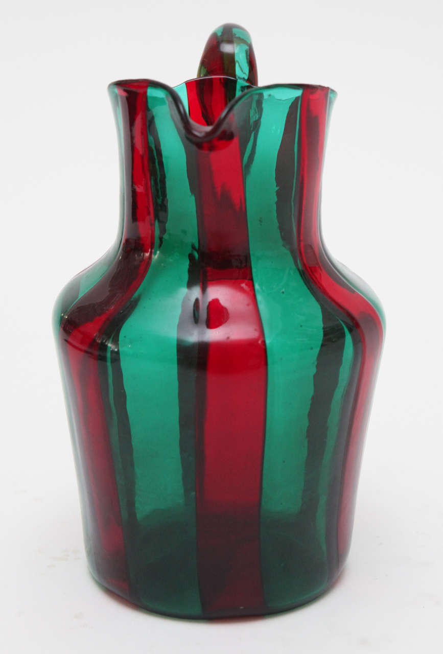Italian Red and Green Murano Glass Pitcher by Venini