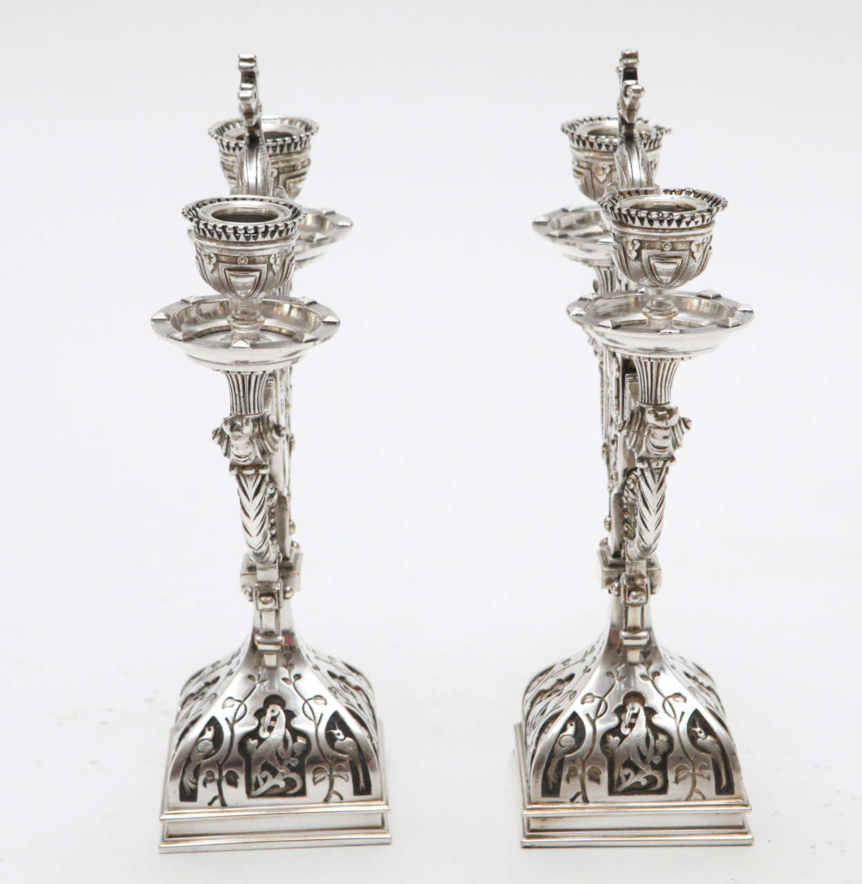 Pair of Renaissance Style Silvered Bronze Candelabra 2