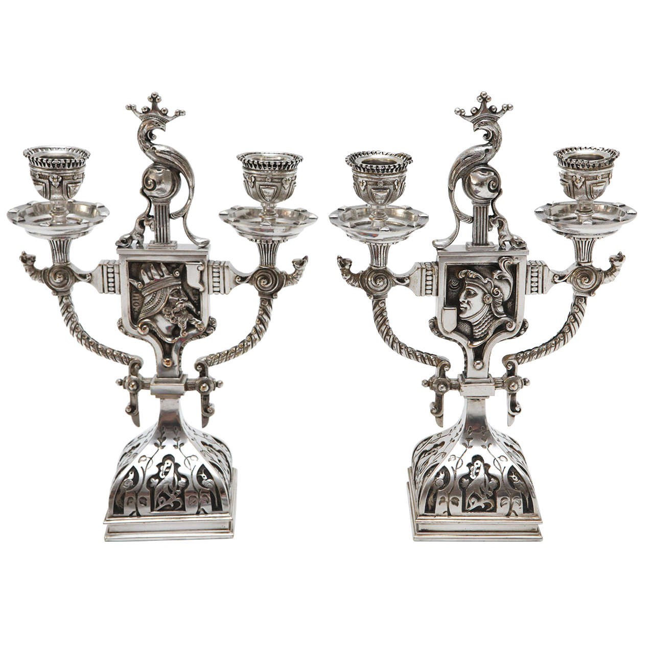 Pair of Renaissance Style Silvered Bronze Candelabra