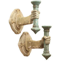 Antique Pair Folk Art "Hands Holding Torches" Sconces.