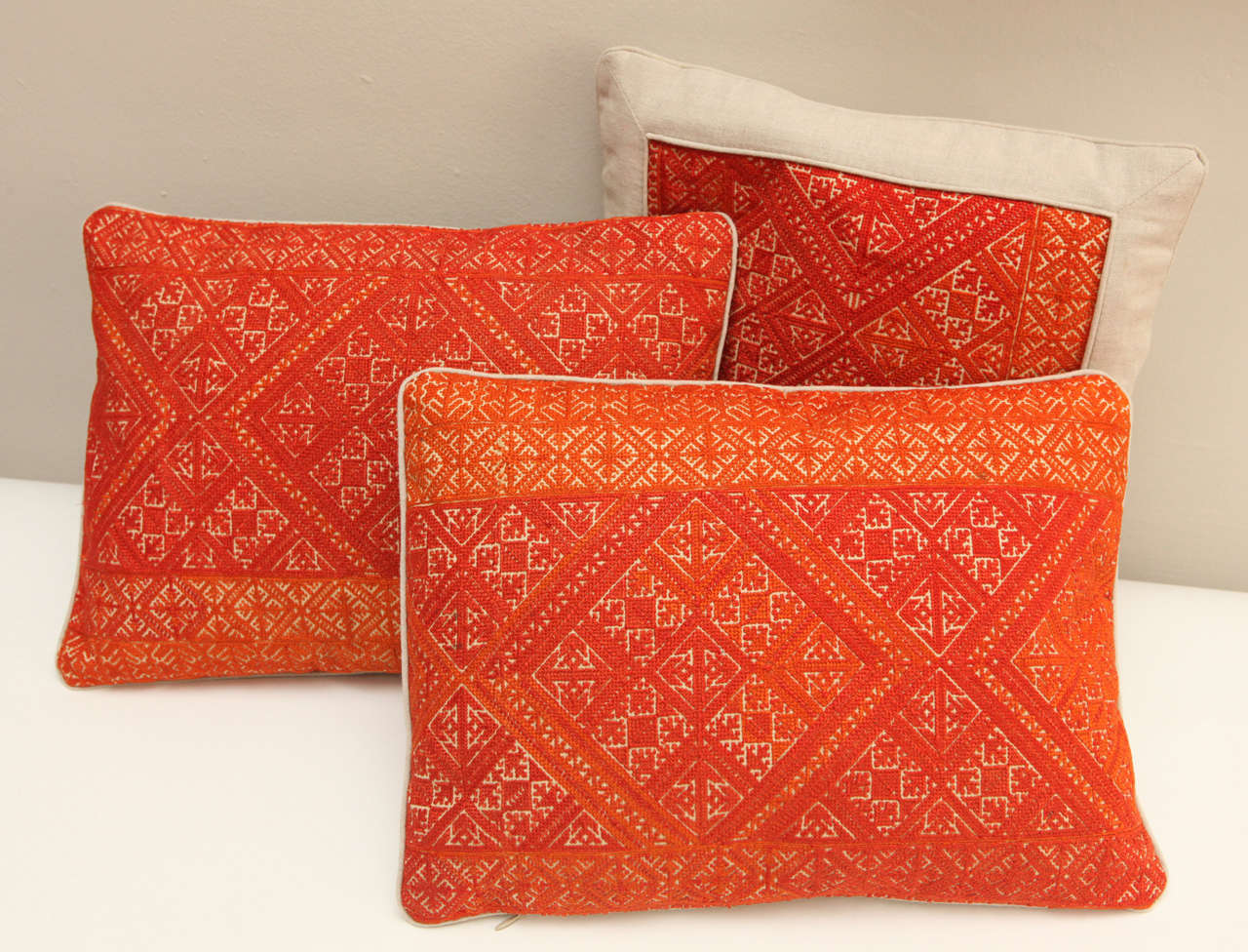 Vintage Moroccan textiles from the City of Fez.  Two shades of orange.  Intricate all over cotton on cotton embroidery produces a durable fabric.  The designs are based on centuries old Mehndi (Henna hand tatoo) designs. These pillows are in perfect