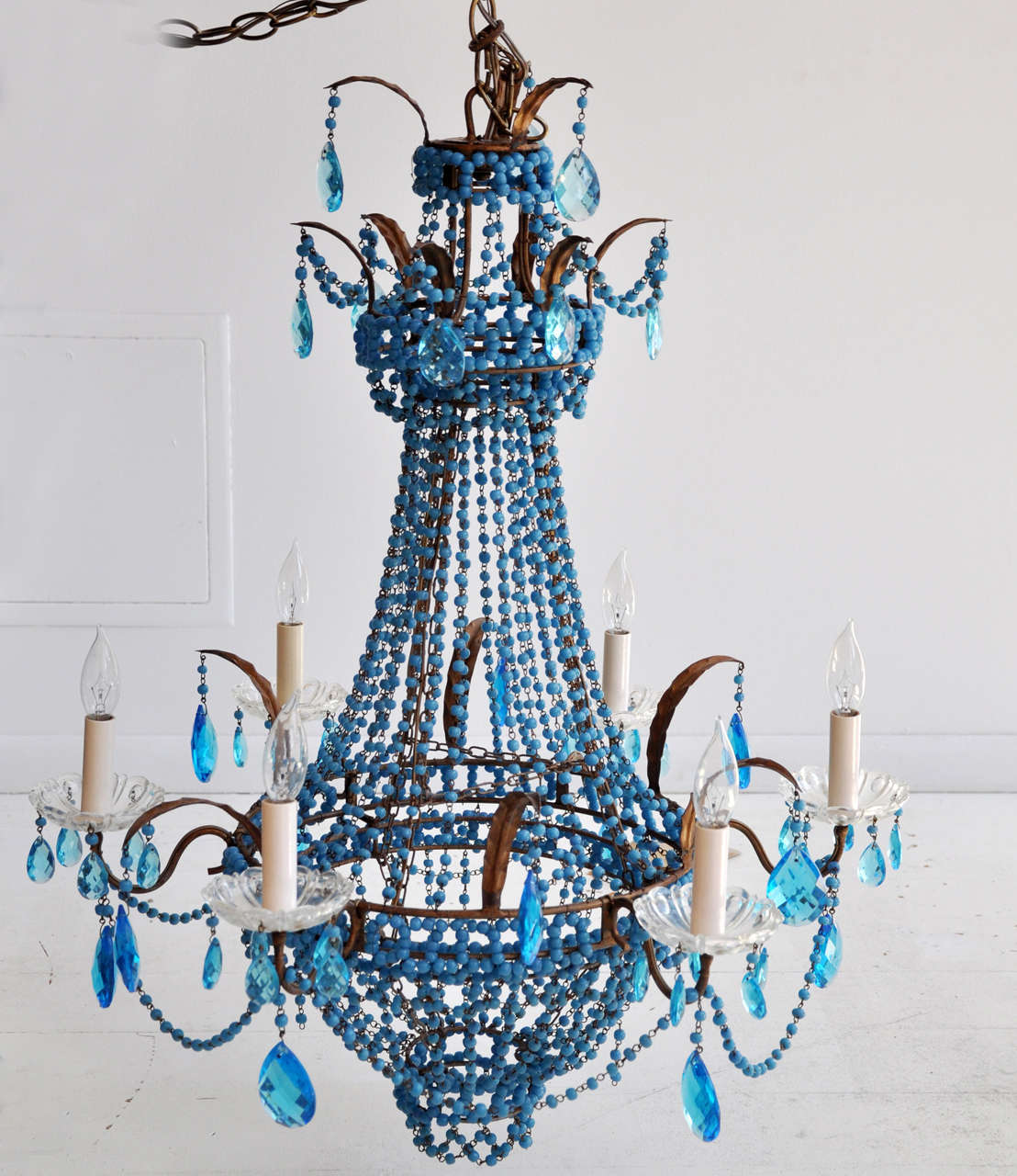 Gorgeous blue beaded French Empire chandelier. Found in Paris.