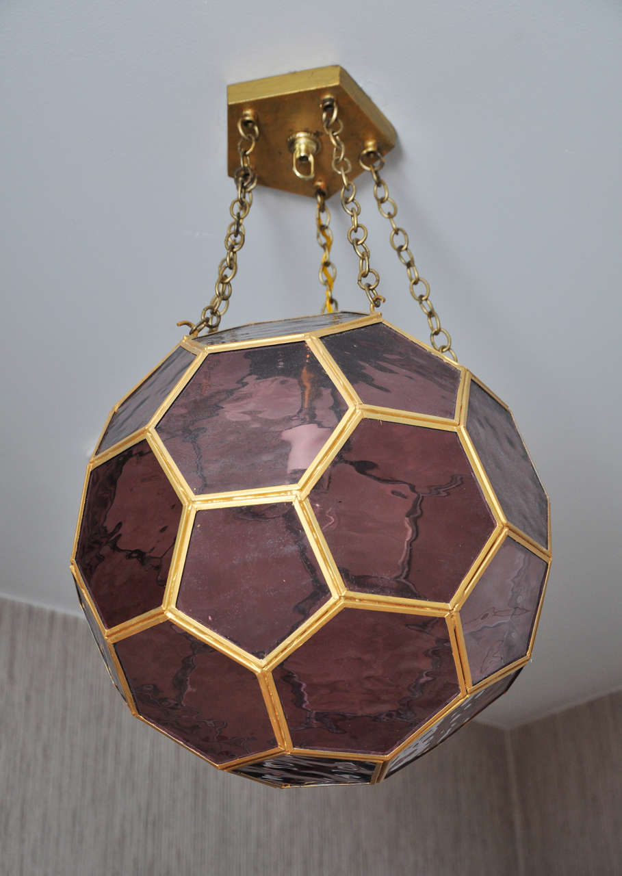 Honeycomb lantern with custom cut-glass panels in gorgeous eggplant hue. Comes with pentagonal canopy.