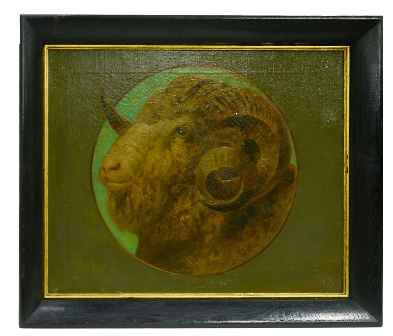 Framed Oil Painting of a Ram's Head signed by C.F. Keller