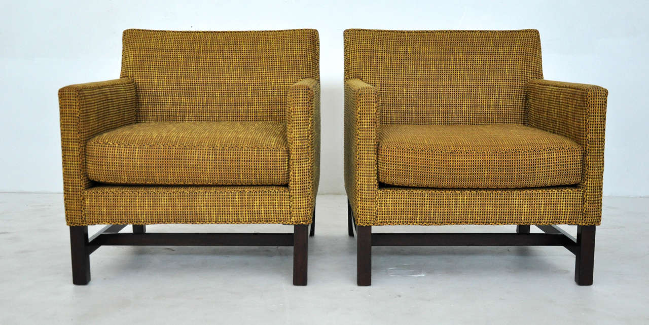 Pair of lounge chairs designed by Edward Wormley for Dunbar. Original dark espresso finished bases with original fabric.