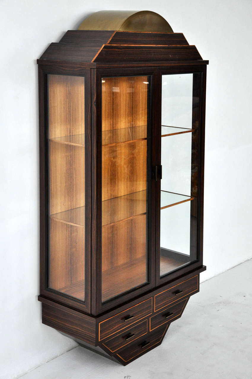 Wall hanging curio cabinet in rosewood and brass.  Glass shelves and interior light.  Signed E. Day '88 on metal disc.