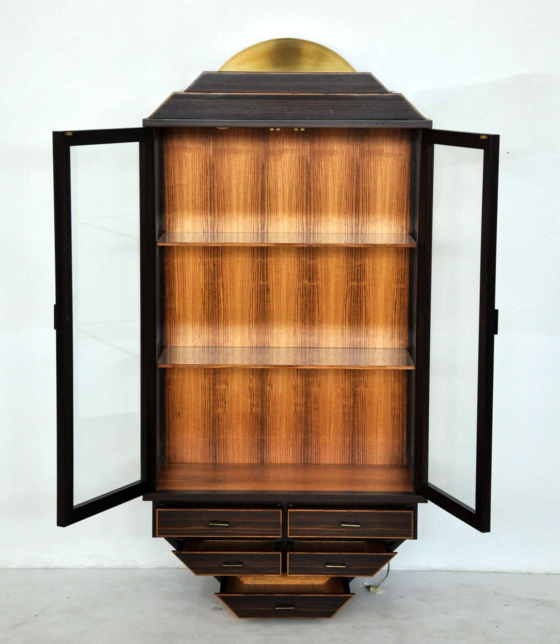 Mid-Century Modern Exotic Rosewood and Brass Wall Hanging Curio Cabinet