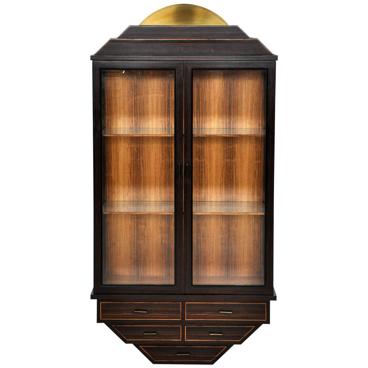 Exotic Rosewood and Brass Wall Hanging Curio Cabinet