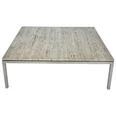 Large Travertine and Stainless Steel Coffee Table by Florence Knoll